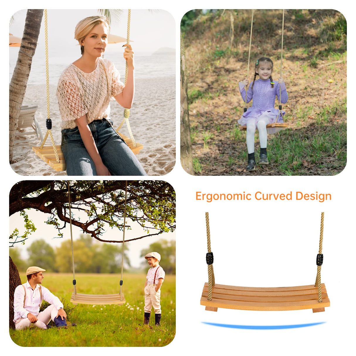 Wooden Tree Swings Tree Swing for Adults Children Kid's Wood Swing Seat with Adjustable Rope 220lbs Load Wooden Swing Set for Indoor Outdoor YAERSI