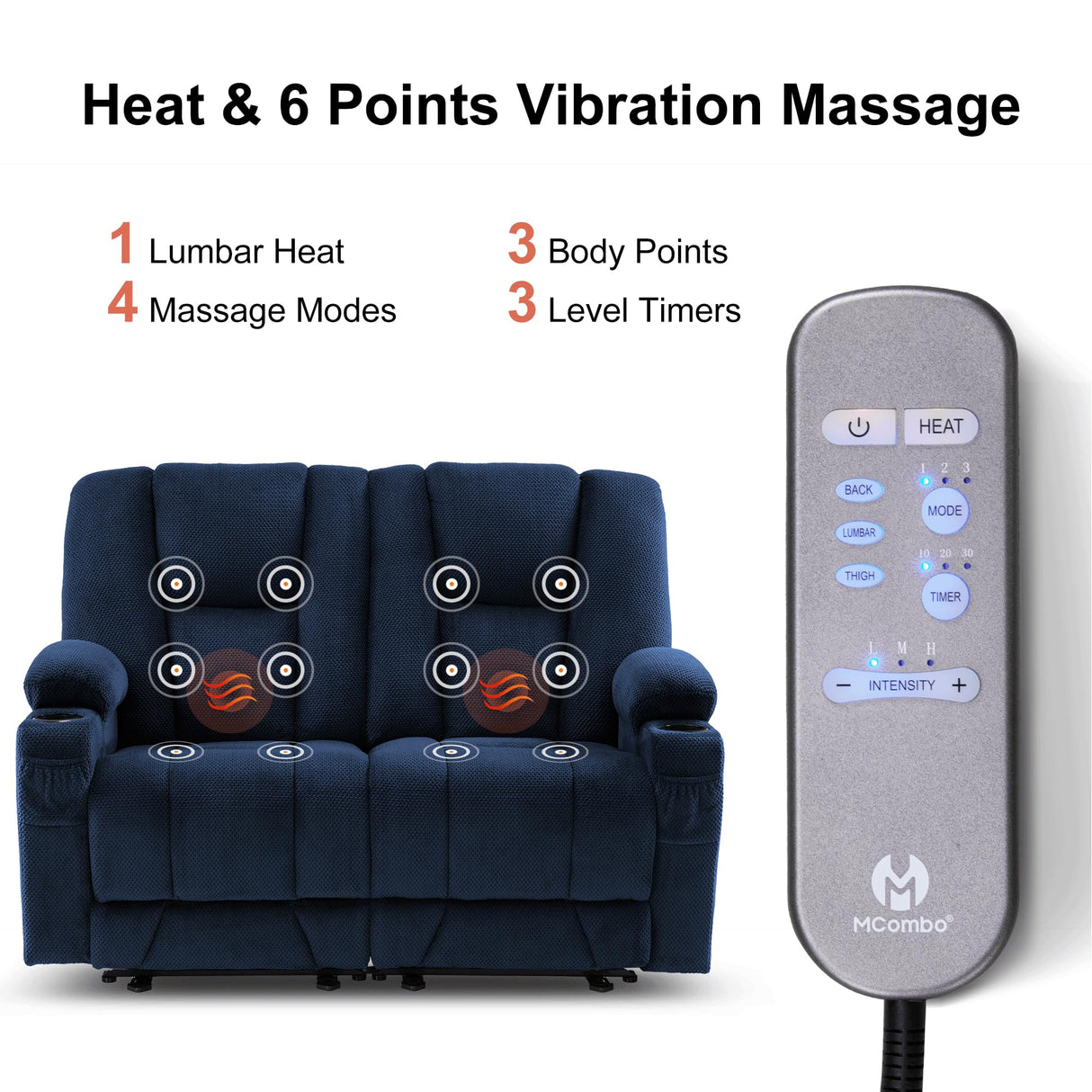 MCombo 57.8" Zero Gravity Power Loveseat Recliner with Heat and Vibration Massage, Reclining Loveseat Sofa with USB Ports, Cup Holders for Living Room, Fabric 6035SET (Navy Blue) MCombo