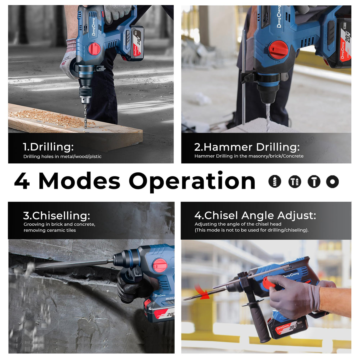 DongCheng 20V Max Brushless Rotary Hammer Drill Kit,4.0Ah Battery & Charger,7/8" SDS-Plus,2.1J Impact Energy, Cordless Demolition drill for Concrete1400RPM, 4 Application Modes,360° Adjustable Handle Dong Cheng