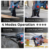 DongCheng 20V Max Brushless Rotary Hammer Drill Kit,4.0Ah Battery & Charger,7/8" SDS-Plus,2.1J Impact Energy, Cordless Demolition drill for Concrete1400RPM, 4 Application Modes,360° Adjustable Handle Dong Cheng