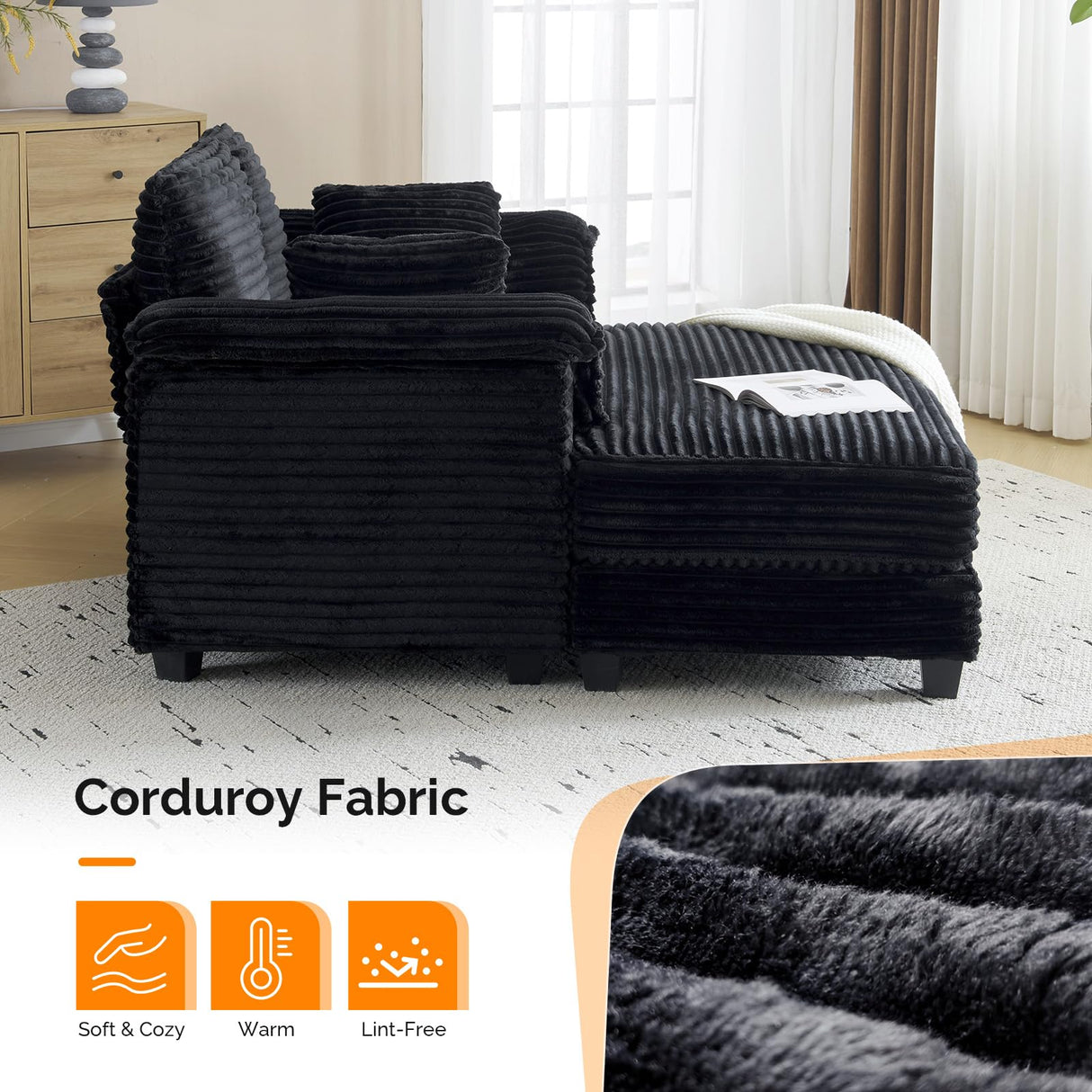 VINGLI Lounge Chair, 56" Oversized Reading Chair Corduroy Chaise Sofa Recliner Bed Upholstered Comfy Sleeper Couch with Throw Pillows and Armrests for Living Room, Movie Room, Bedroom VINGLI