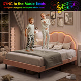 HIFIT Full Upholstered Smart LED Bed Frame with Adjustable Chic Petal Headboard, Princess Full Size Platform Bed Frames for Kids/Girls, Wooden Slats Support, No Box Spring Needed, Easy Assembly, Pink HIFIT