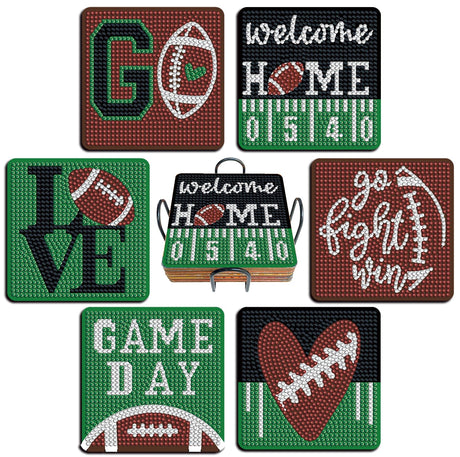 Nilyzit 6pcs DIY Football Diamond Painting Coasters Kits for Adults Small Western Diamond Art Kits for Beginners Football Coasters Paint-by-Number Kits Crystal Art Nilyzit