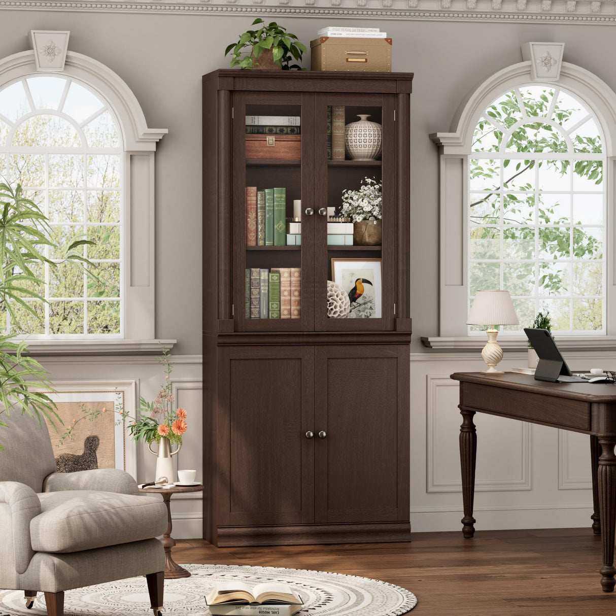 FACBOTALL 71.3'' Tall Bookcase with Glass Doors, Farmhouse Book Shelf with Adjustable Shelf, Tall Bookshelf with Storage, Bookshelves and Bookcases with 5 Tier Display Storage for Living Room, Brown FACBOTALL