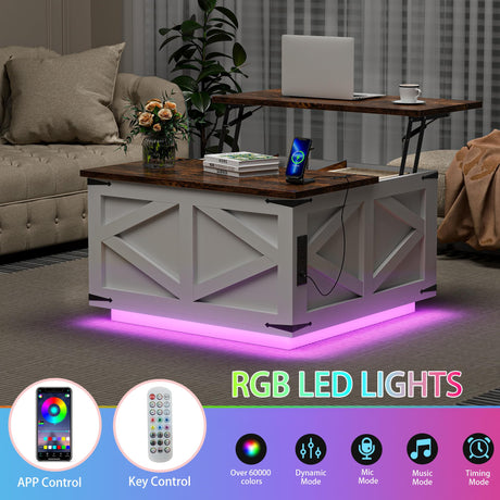 Dutsalrun Lift-Up Coffee Table with LED Storage and Charging Station | Farmhouse Square Lift-Up Table | Living Room Bench with Hidden Storage Dutsalrun