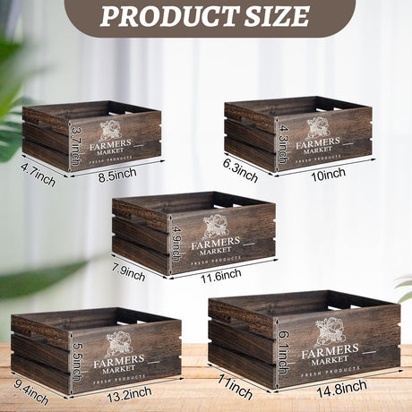 Barydat Set of 5 Wood Crates for Vintage Decorative Display Wooden Boxes Farmhouse Style Nesting Wooden Crates with Open Handles Storage Decorative Boxes Multipurpose Fruits Vegetables Boxes (Elegant) Barydat