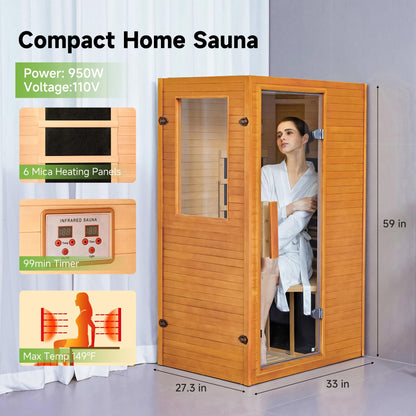 RESTISLAND Infrared Sauna for Home Sauna Room, 1 Person Low EMF Wooden 950W Indoor Sauna Spa at Home with 10min Quick Pre-Heat, LCD Control Panel and Tempered Glass Door