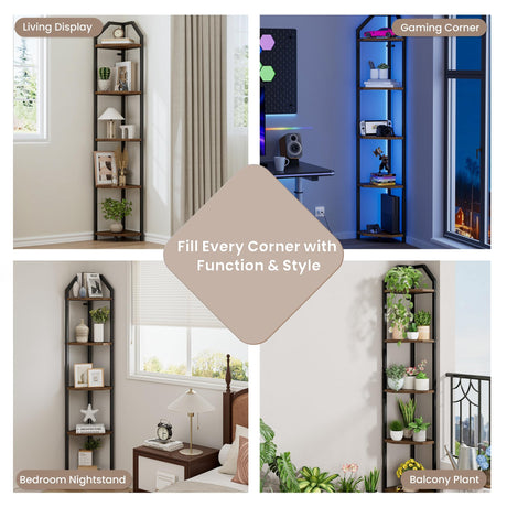 5-Tier Corner Shelf | 70 Inch Tall Bookshelf & Plant Stand, Heavy Duty Storage for Home Office & Living Room - Brown Realgulf
