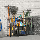 keomaisyto Garden Tool Organizer, Heavy Duty Yard Tool Tower Rack for Garage Organization and Storage, 3 Tier Utility Garden Tool Rack with hooks for Garden/Shed/Garage/Yard/Basement/Lawn keomaisyto