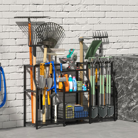 keomaisyto Garden Tool Organizer, Heavy Duty Yard Tool Tower Rack for Garage Organization and Storage, 3 Tier Utility Garden Tool Rack with hooks for Garden/Shed/Garage/Yard/Basement/Lawn keomaisyto