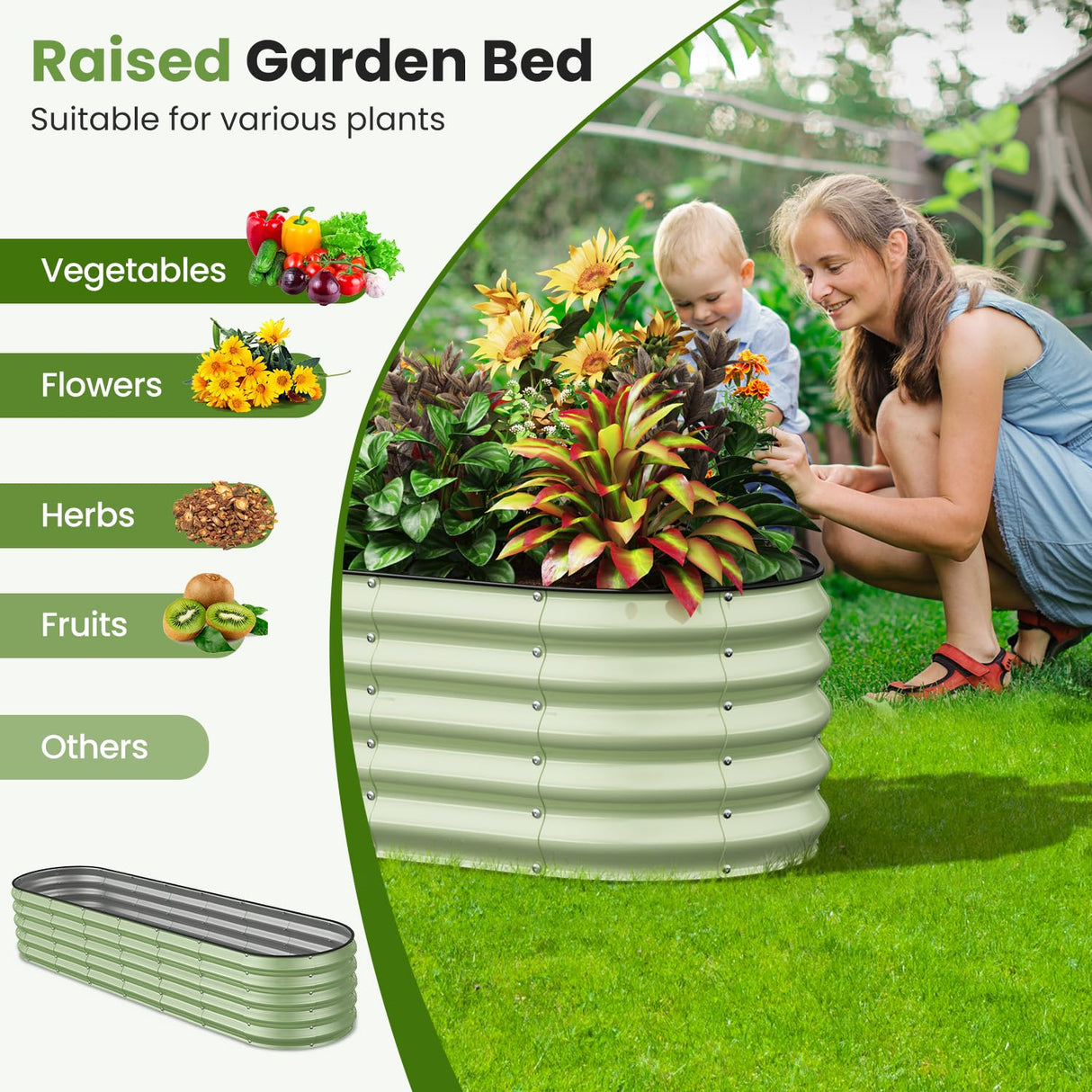 Pattiumo Oval 8x2x1.5 FT Galvanized Raised Garden Bed Kit, 31 in 1 Large Metal Planter Box for Outdoor Gardening, 18” Garden Bed for Vegetables Flower Herb(Sage Green) Pattiumo