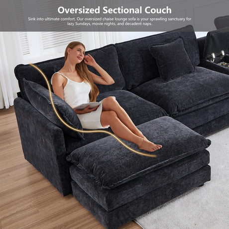 VEPXXP Oversized Modular Sectional Sofa, 159" Modern Large 6 Seater U Shaped Sectional Couch with Ottoman, Comfy Cloud Couches with Cup Holders & USB for Living Room, Spacious Space (Black) VEPXXP
