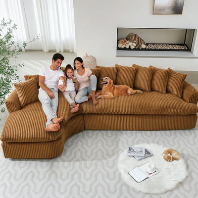 129'' Modern Sectional Sofa,4-5 Seater Upholstered Couches with 10 Cushions,High Density Sponges Cloud Couch, L-Shape Left Sofa,Corduroy Sponge Sofa for Living Room,No Assembly Required(Brown)
