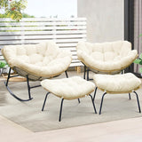 FINCATI Egg Rocking Chair with Ottoman Set of 2, Comfy Oversized Papasan Lounge Chairs with Padded Cushions, Double 2 Person Patio Rocker, Reading Glider for Indoor Outdoor Balcony Living Room, Beige FINCATI