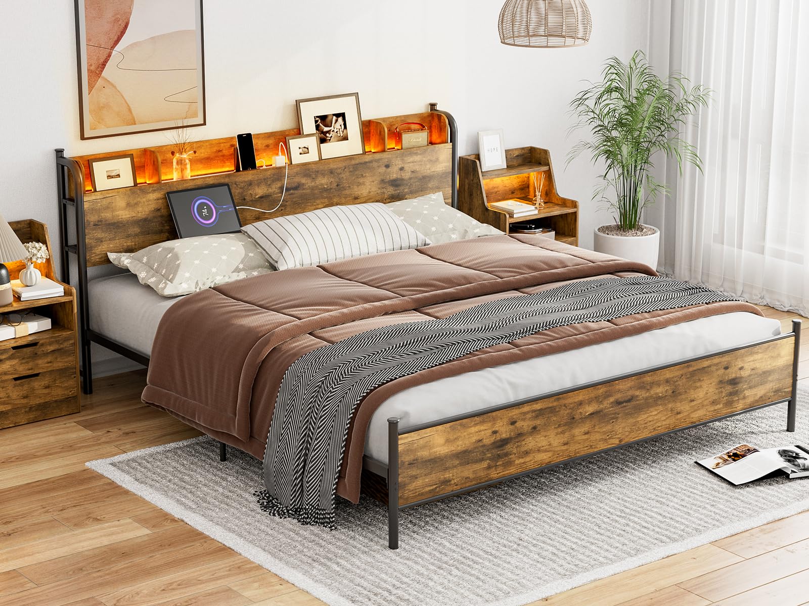 IKIFLY King Size Rustic Brown Storage Headboard with Charging Station & LED Lights - WoodArtSupply