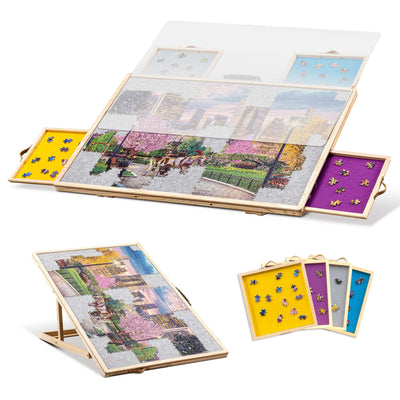 Tektalk Convertible Jigsaw Puzzle Board, Two-Way Use Adjustable Puzzle Table with Cover & 4 Colored Sorting Drawers, Tilting Wooden Plateau, for Up to 1000 Pieces - Gray