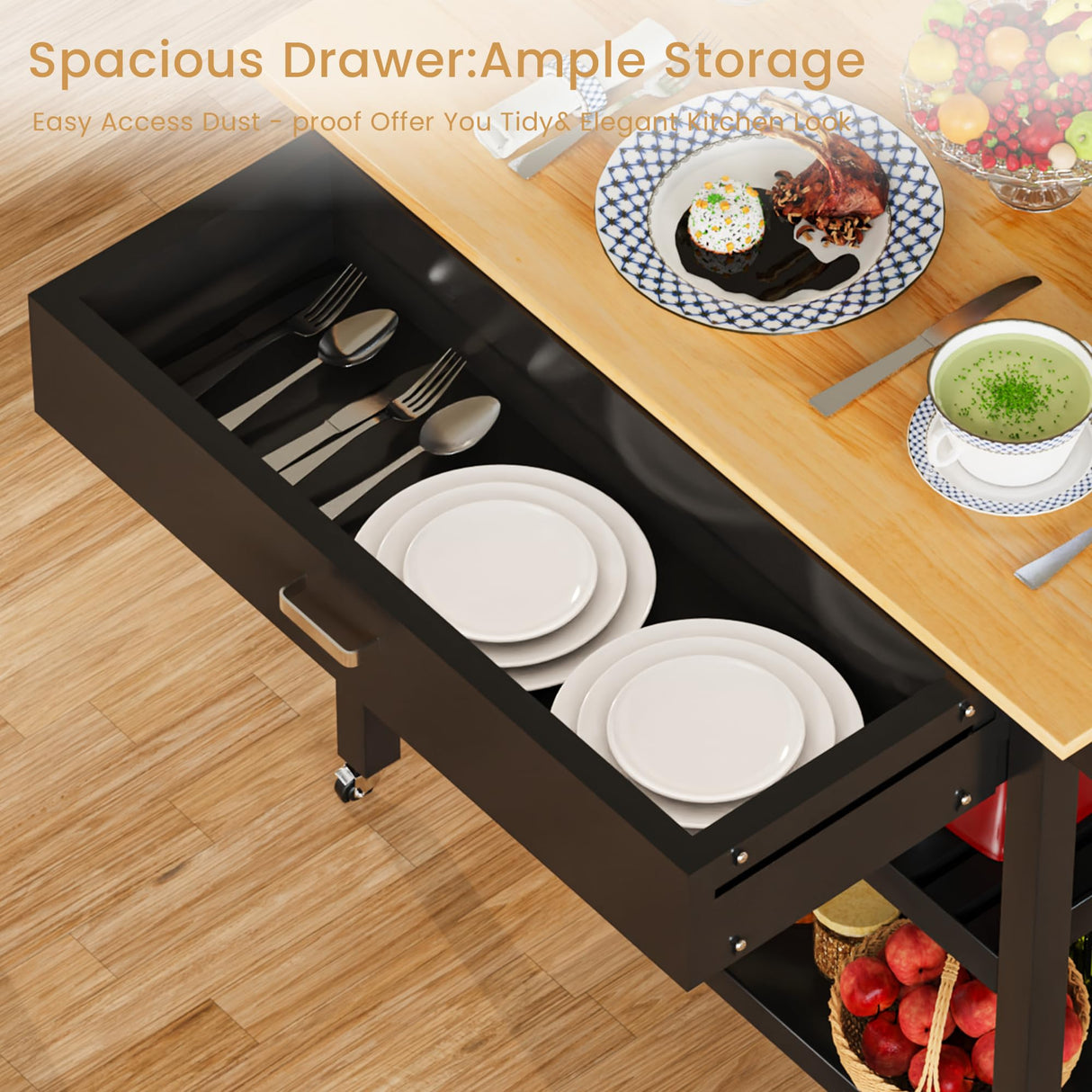 HiDSLiving Kitchen Island 42" Rolling Kitchen Island Cart On Wheels with Drawer Towl Rack 3 Tiers Rolling Utility Cart with Solid Wood Top Serving Trolley for Dining Room Black HiDSLiving