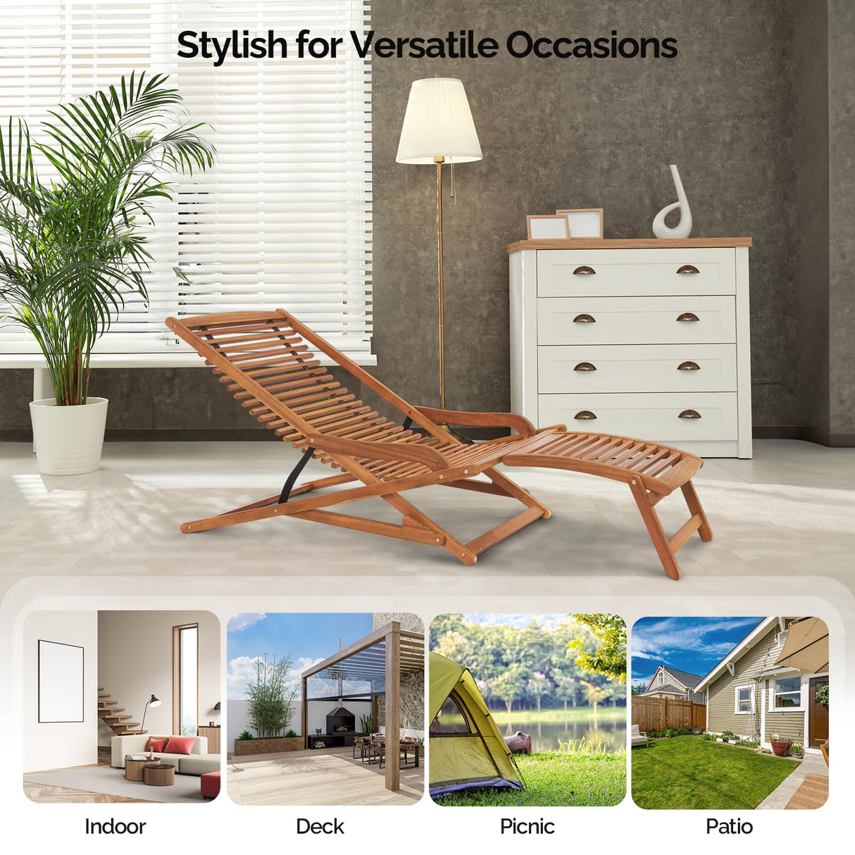 VINGLI FSC Acacia Wood Folding Outdoor Chairs Lounge Chair, Weather-Resistant Wooden Folding Chairs Patio Chair Furniture for Deck Fire Pit Porch Camping, Up to 350LBS VINGLI