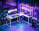 AODK L Shaped Desk Gaming Desk with LED Light & Power Outlet, 53 Inch Reversible L Shaped Computer Desk with Shelf, Corner Desk with Storage Bag&Hook for Home Office Desk, White AODK