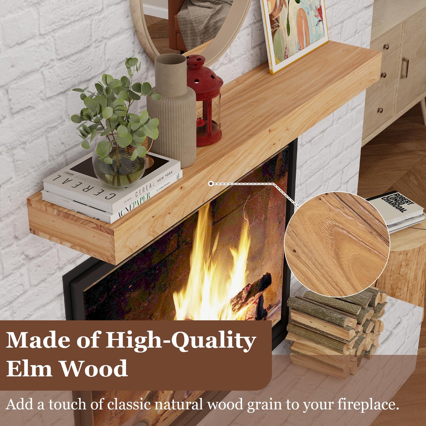 Axeman Fireplace Mantel | 48" W Elm Wood Floating Shelves | Handcrafted Hollow Distressed Beam | Wall Mounted Wooden Display Shelfing | with Invisible Heavy Duty Bracket | 48W x 3H x 8D