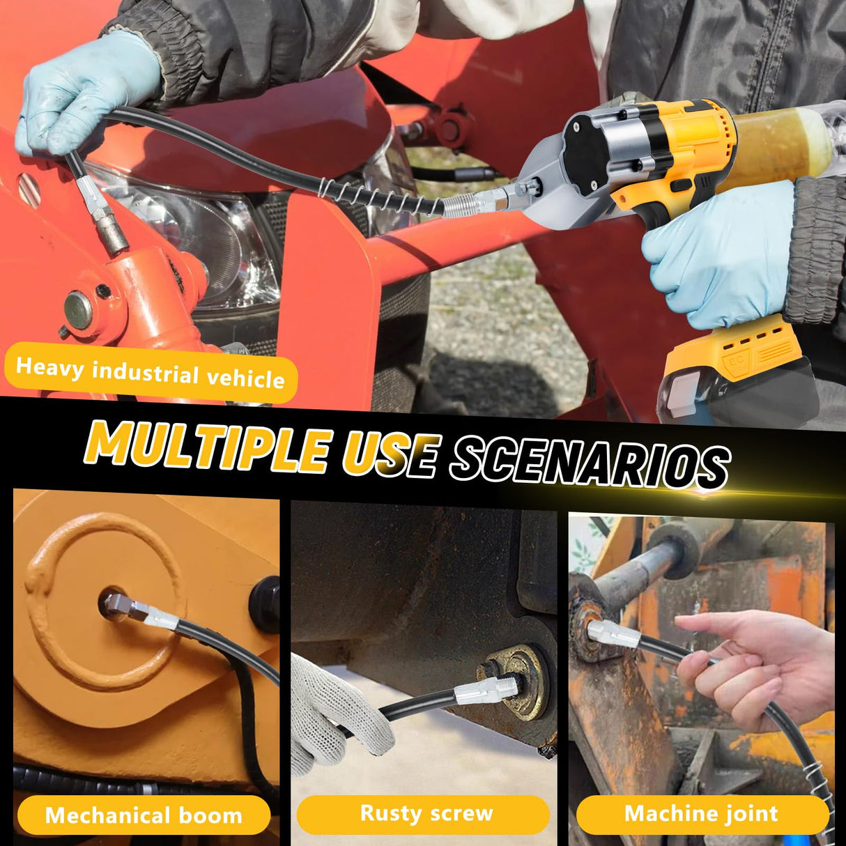 Daspom Cordless Grease Gun Compatible with De-Walt 20V Battery, 13000 PSI Brushless Motor Electric Grease Gun with 600ml Grease Cartridges and Accessories (No Battery Included) Daspom