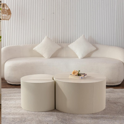Round Nesting Coffee Table Set of 2, Modern Handcraft Wood Fluted Drum Circle Side Table Small Minimalist Unique Tea End Table for Living Room, No Assembly Required, 27.56" &19.69", Crescent Beige