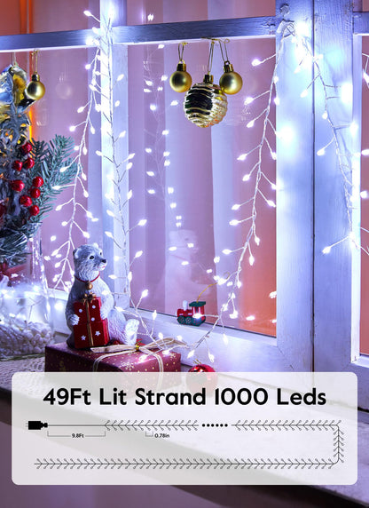 Firecracker Fairy Lights Plug in, 50Feet 1000 LEDs Cluster String Lights Waterproof Silver Wire Starry Firefly Lights for DIY Wreath Home Weeding Indoor Outdoor Christmas Decorations, Pure White