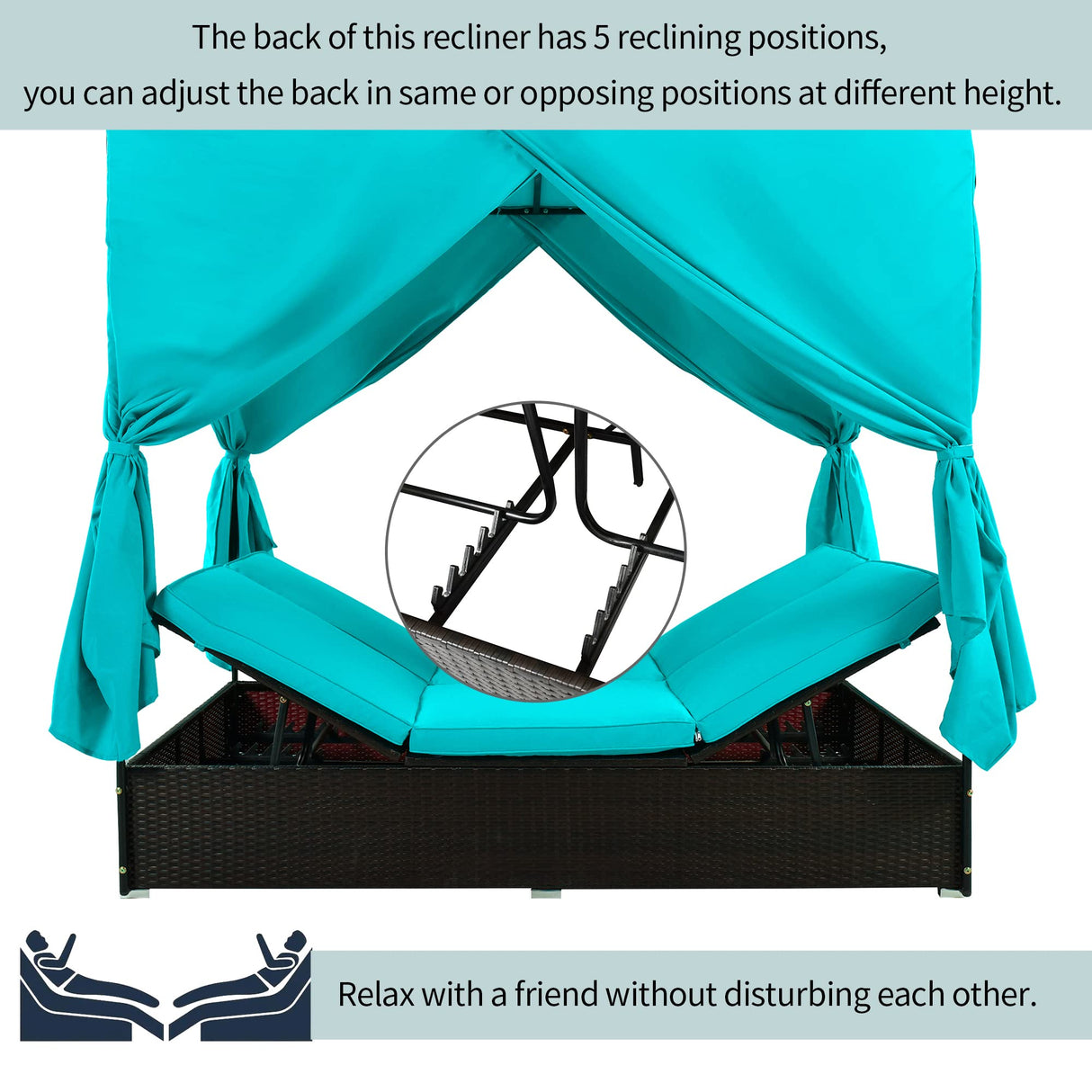 Patio Chaise Lounge, PE Rattan Outdoor Patio Wicker Sunbed Daybed with Adjustable Seats, Four-sided Canopy, Overhead Curtain and Blue Cushions for Backyard, Garden, Poolside (for 2-6 people) Harper & Bright Designs