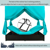 Patio Chaise Lounge, PE Rattan Outdoor Patio Wicker Sunbed Daybed with Adjustable Seats, Four-sided Canopy, Overhead Curtain and Blue Cushions for Backyard, Garden, Poolside (for 2-6 people) Harper & Bright Designs