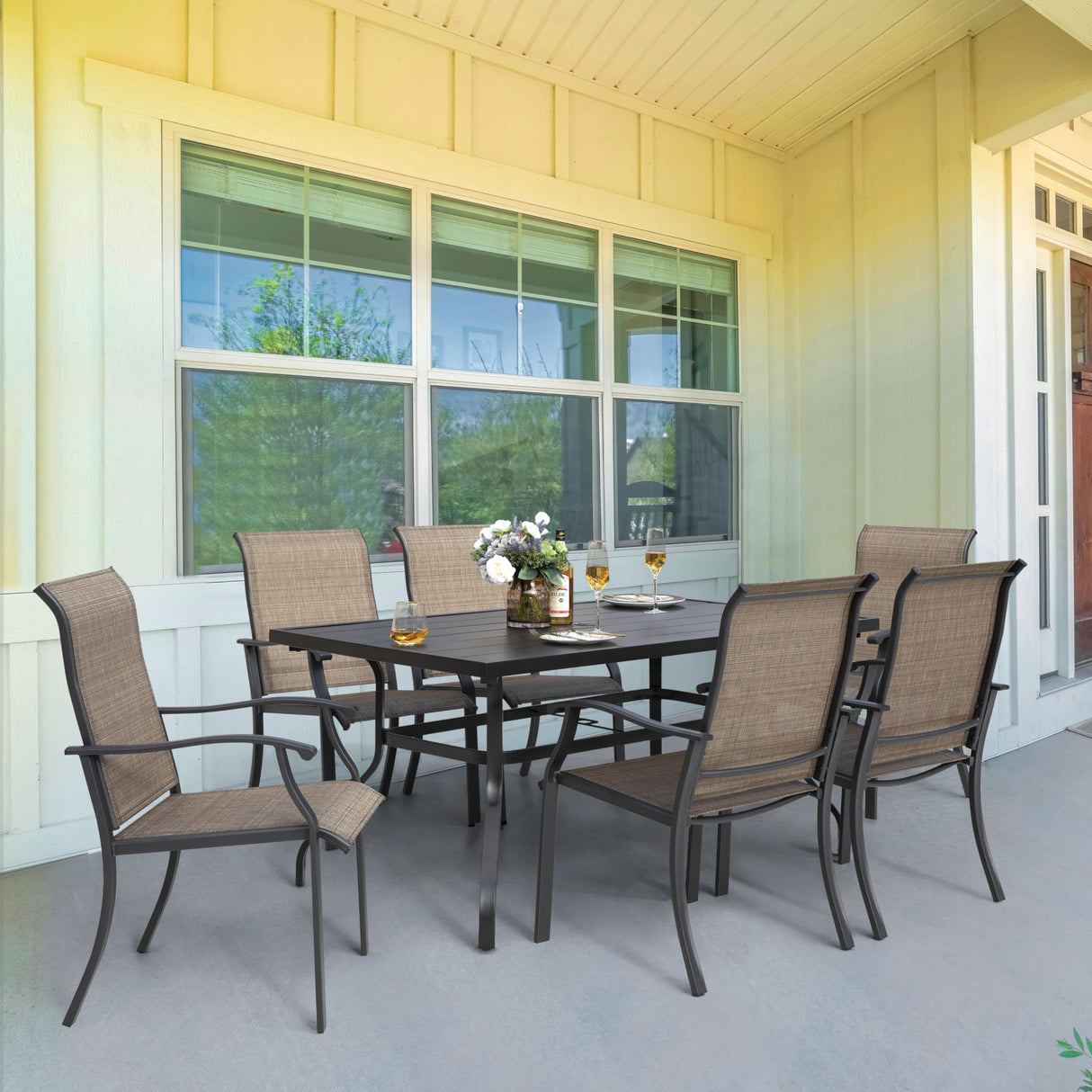 NUU GARDEN 7 Pieces Patio Dining Set, All-Weather Outdoor Furniture with 6 Textilene Dining Chairs and 61" Rectangle Metal Dining Table with Umbrella Hole for Patio Deck Garden, Black and Brown NUU GARDEN