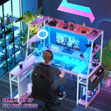 L Shaped Gaming Desk - Pink Gaming Desk with Hutch & Shelves, 47'' Gaming Computer Desk with LED Lights & Charging, Reversible PC Gaming Desk L Shape with Storage, L Desk for Gaming with Monitor Stand armocity