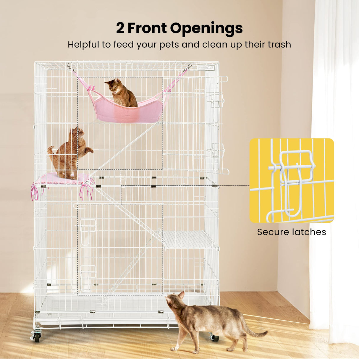 VIVOHOME 4-Tier 49 Inch Collapsible Metal Cat Kitten Ferret Cage 360° Rotating Casters Enclosure Pet Playpen with Ramp Ladders Hammock and Bed White VIVOHOME
