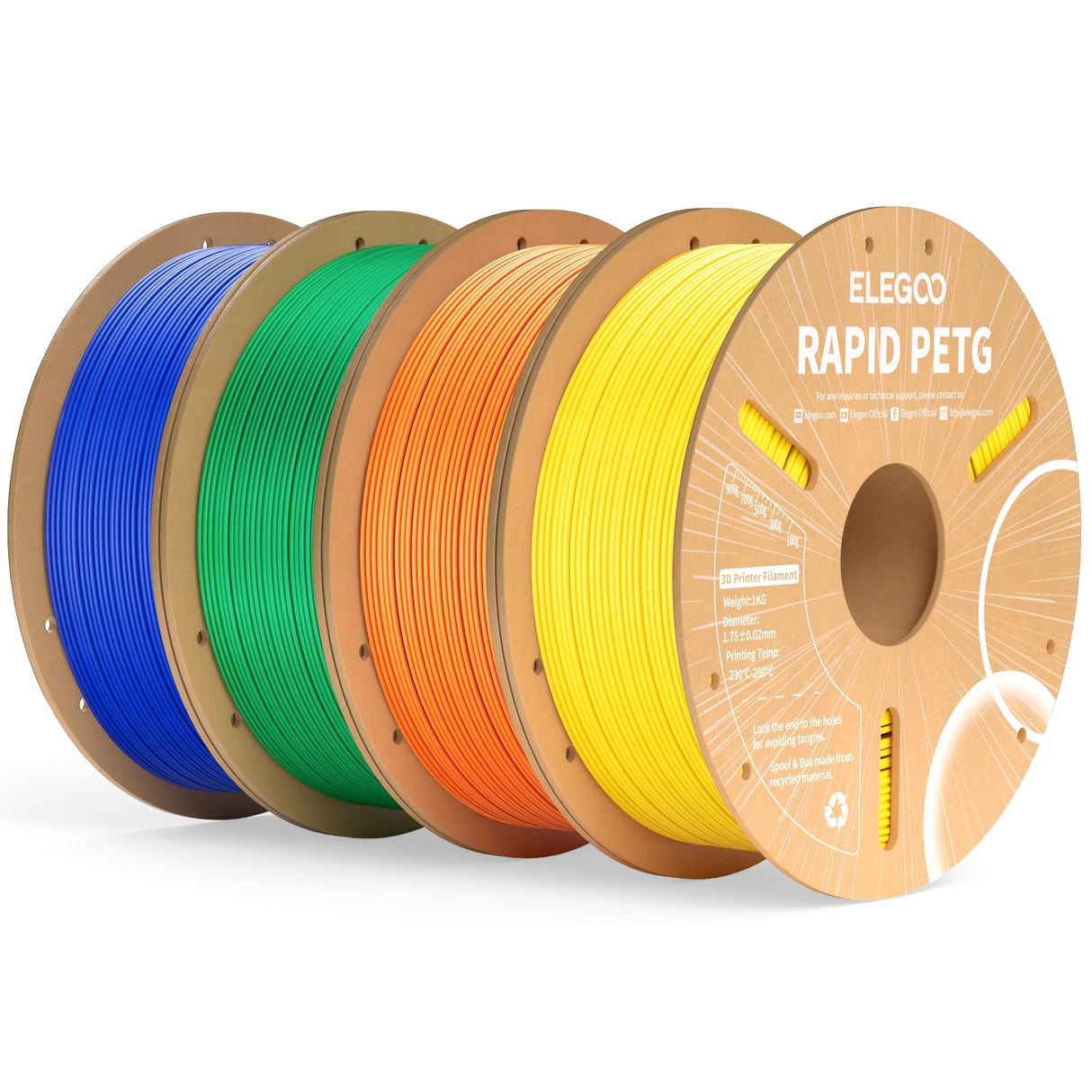 ELEGOO Rapid PETG Filament 1.75mm Bundle 4KG, High Speed 30-600mm/s 3D Printer Filament Accuracy +/- 0.02 mm, 1kg Cardboard Spool(2.2lbs) Fits for Most FDM 3D Printers(Blue,Green,Orange,Yellow) ELEGOO