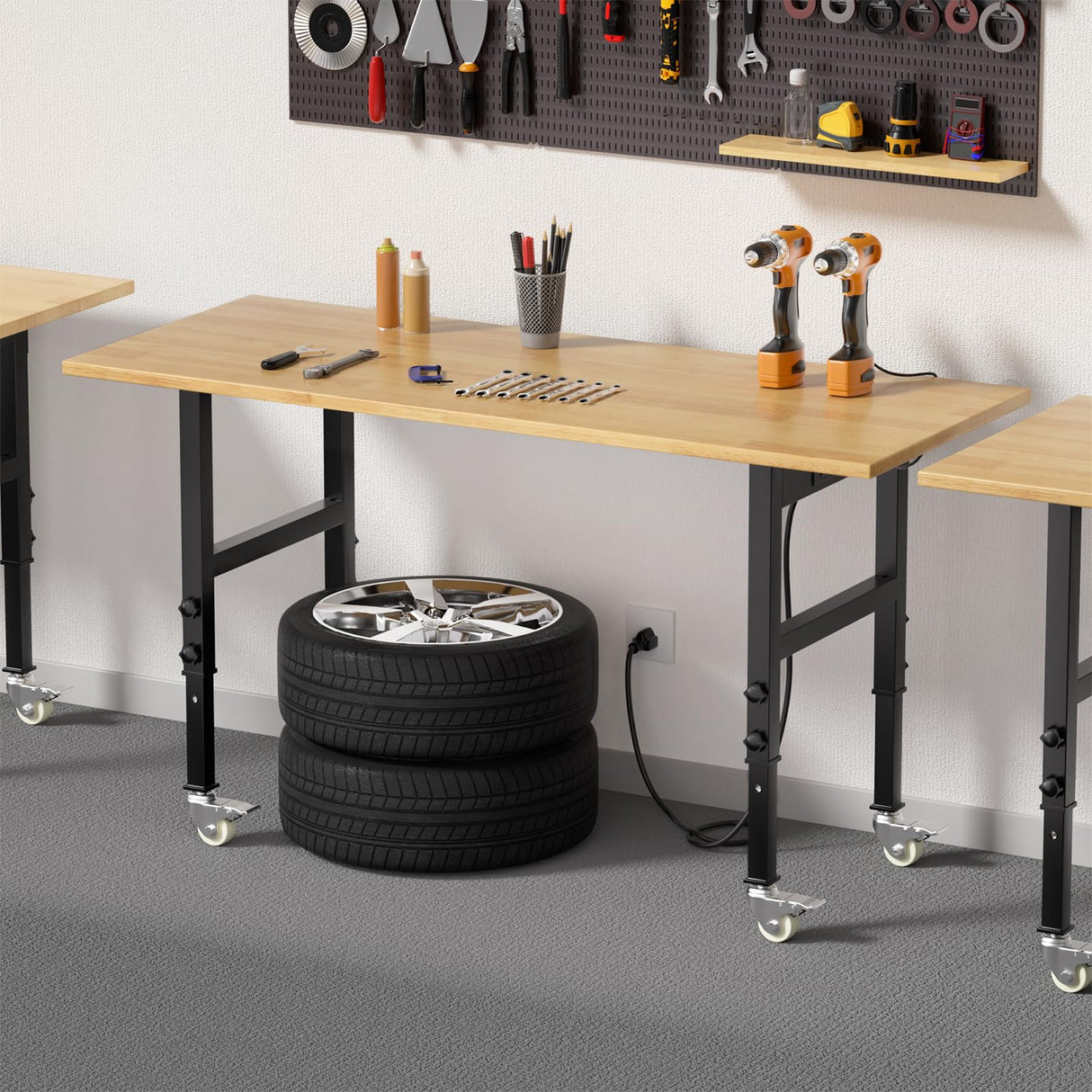 Granper 60" Adjustable Height Workbench, Solid Wood Work Table with Wheels and Power Outlet, 2000 LBS Load Capacity, Heavy-Duty Garage Workbench for Workshop, Office, Home Granper