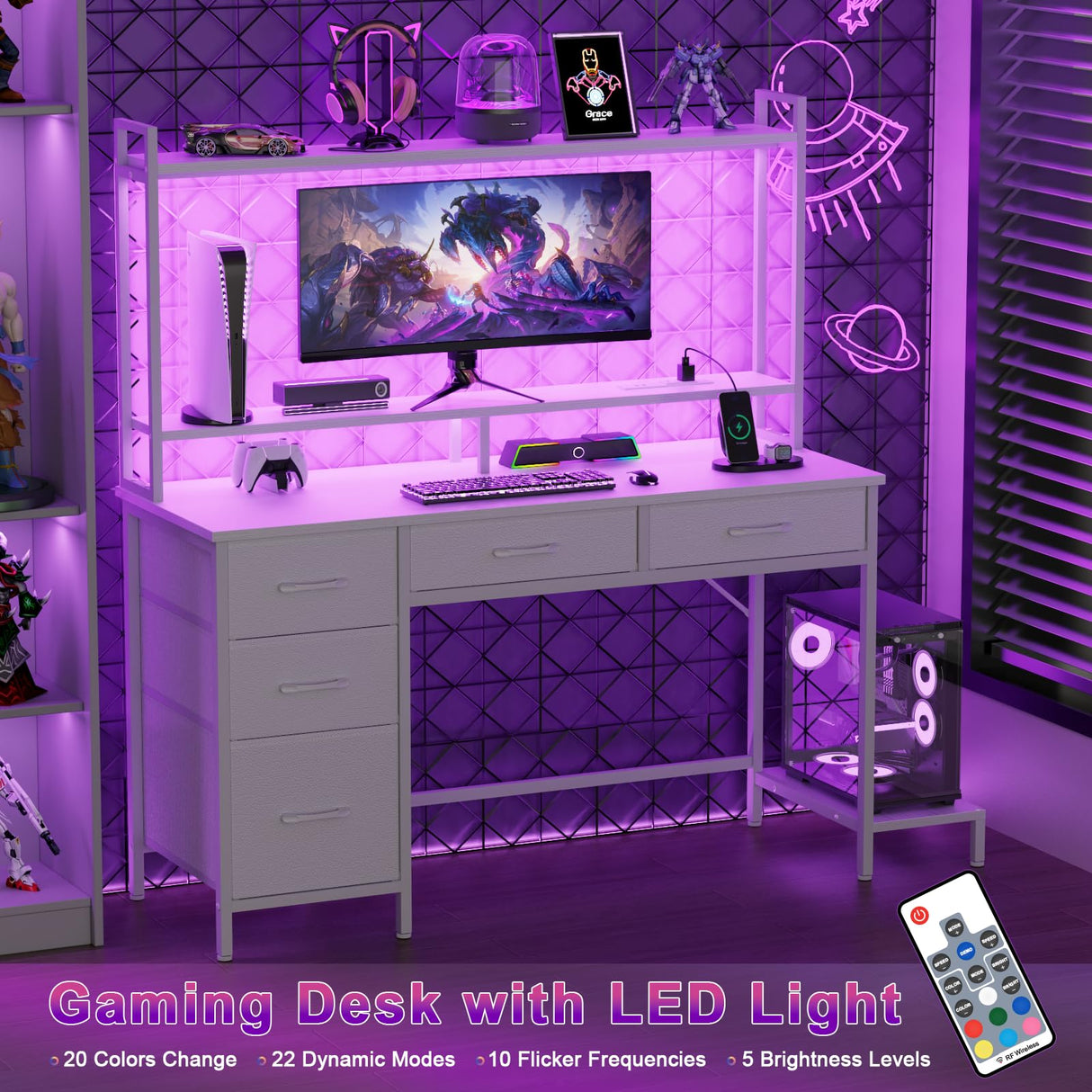 Korfile Computer Desk with Hutch, White Gaming Desk with Power Outlets & LED Ligthts & 5 Fabric Drawers, Home Office Desk with 2 Tiers Storage Shelves for Display, 47" PC Gamer Table for Bedroom Korfile