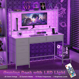 Korfile Computer Desk with Hutch, White Gaming Desk with Power Outlets & LED Ligthts & 5 Fabric Drawers, Home Office Desk with 2 Tiers Storage Shelves for Display, 47" PC Gamer Table for Bedroom Korfile