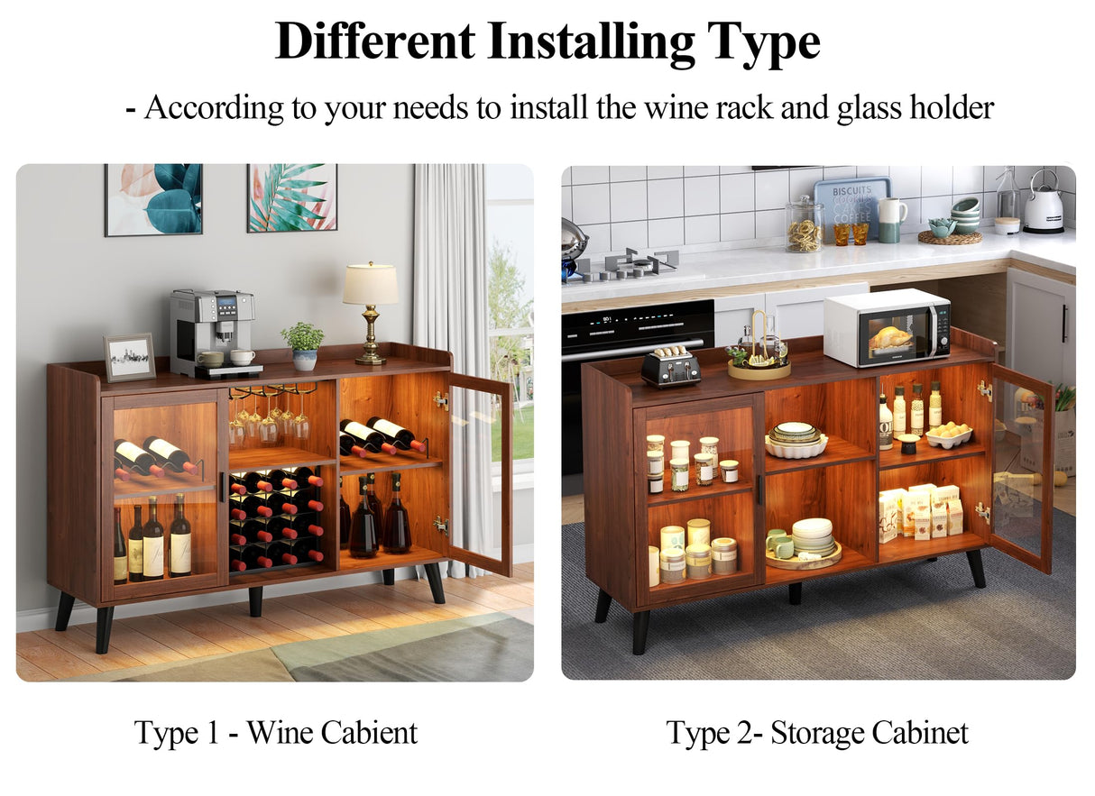 Loomie Wine Bar Cabinet with LED Light, Home Coffee Cabinet with Wine Rack and Glass Holder, Kitchen Buffet Sideboard W Storage Shelf, Freestanding Liquor Cabinet for Living Room, Dining Room (Walnut) Loomie