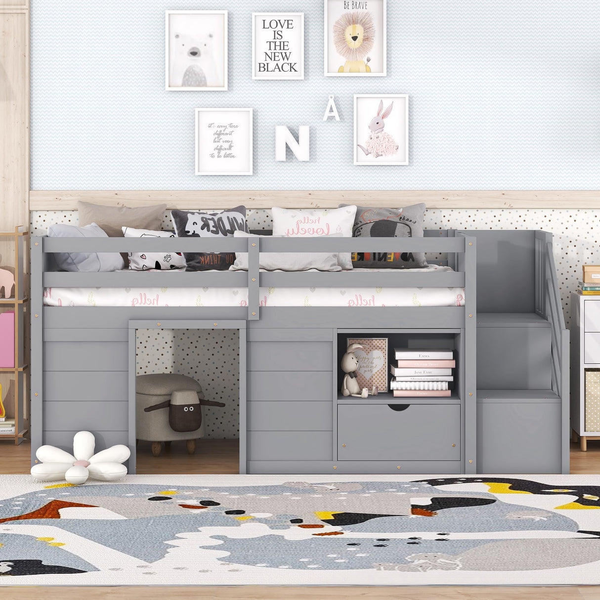 Bellemave Twin Size Low Loft Bed with Stairs, Storage Drawers, and Shelves in Gray for Kids Bellemave