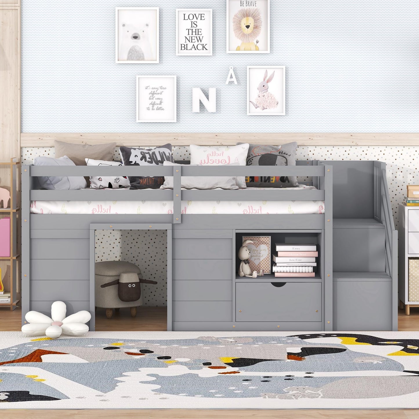 Bellemave Twin Size Low Loft Bed with Stairs, Storage Drawers, and Shelves in Gray for Kids - WoodArtSupply