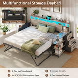 VIAGDO Daybed Twin with Pop Up Trundle, Farmhouse Wooden Day Bed Frame with 3 Storage Drawers and Shelves, Twin to King Daybed with Charging Station and LED Lights for Bedroom, Guest Room, Grey VIAGDO