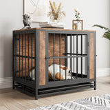 FOUBAM Dog Crate Furniture, Metal and Wooden Dog Crate, Dog Kennels with 3 Doors Indoor, Pet Puppy Crate End Table for Small Dog, Heavy Duty Dog House, Rustic Black and Brown FOUBAM