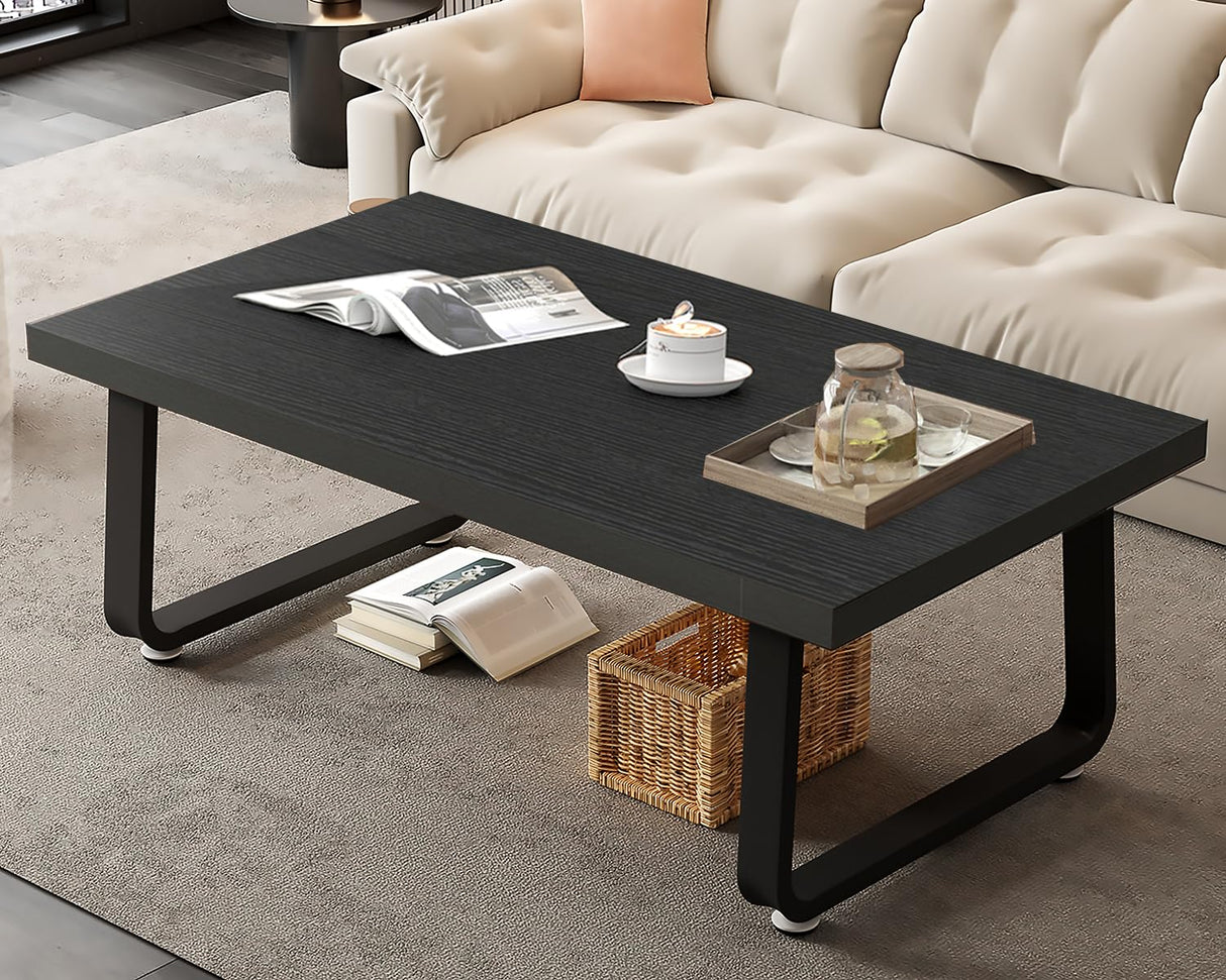 HSH Black Coffee Table, Industrial Wood and Metal Legs Center Table, Modern Minimalist Rectangle Cocktail Table for Living Room, Farmhouse Wooden Tea Table for Bedroom Home Office, Black Oak, 47 Inch HSH