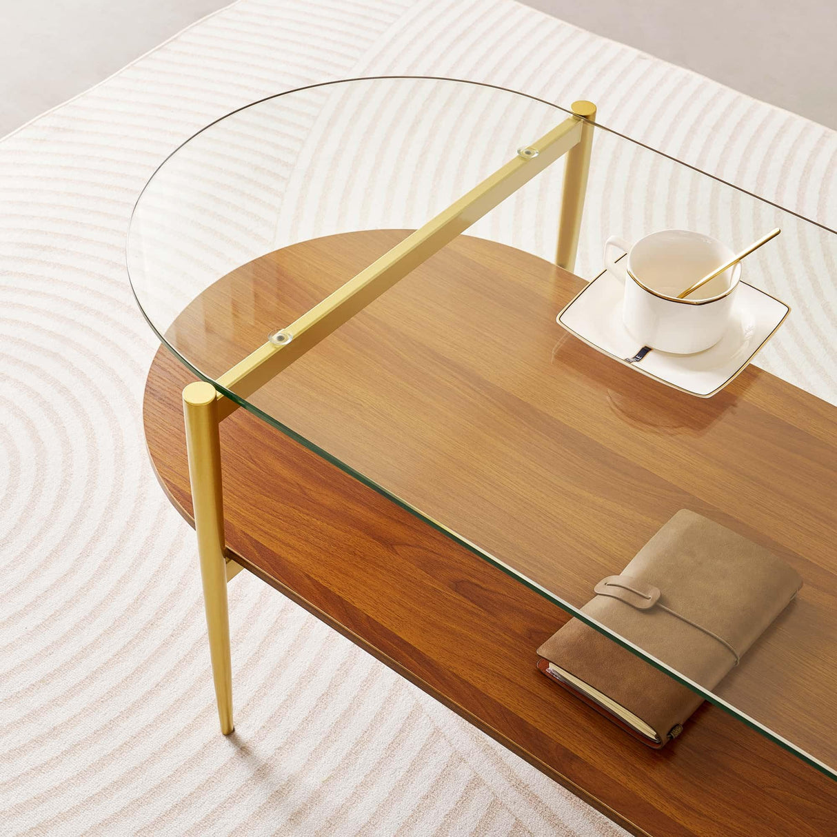 LumFurn Oval Glass Coffee Table, Mid-Century Modern Design, L41 x W21 x H17 inch, for Living Room, 2-Tier Structure, Clear Glass Top and Walnut Finish Wood Shelf, Conical Legs with Gold Finish Frame LumFurn