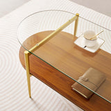 LumFurn Oval Glass Coffee Table, Mid-Century Modern Design, L41 x W21 x H17 inch, for Living Room, 2-Tier Structure, Clear Glass Top and Walnut Finish Wood Shelf, Conical Legs with Gold Finish Frame LumFurn