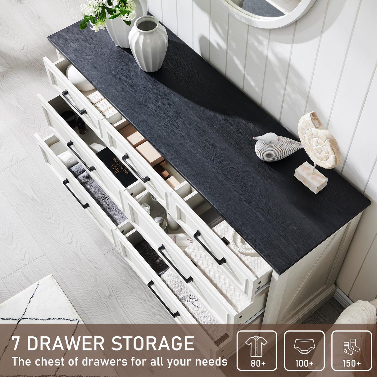 ACCOHOHO 7 Drawer Dresser, 52" Farmhouse Chest of Drawers for Bedroom, Wide Dresser TV Stand with Large Metal Handle, Modern Wood Drawer Organizer for Living Room, Hallway, Closet - White ACCOHOHO