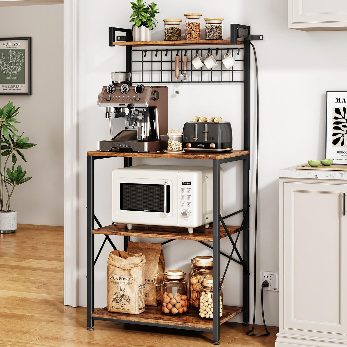 Bakers Rack with Power Outlet, Kitchen Shelves Microwave Stand with Wire Grid and 10 Hooks, 4 Tiers Coffee Stand (Rustic Brown, 23.5 x 15.6 x 52.8 Inches) SNTD