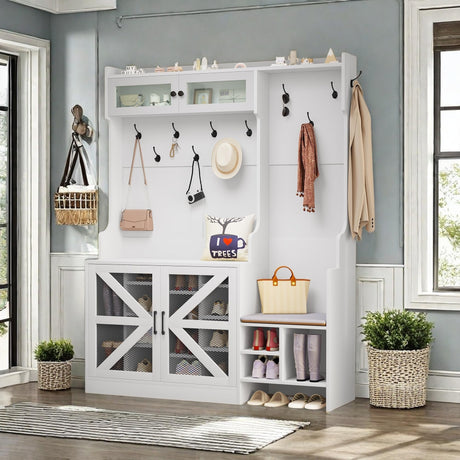 DWVO Farmhouse Hall Tree with Bench, Farmhouse Entryway Bench with Shoe Storage and Coat Rack, 18 Shoe Cubbies & 12 Coat Hooks, Mudroom Storage Cabinet for Entryway Hallway (White) DWVO