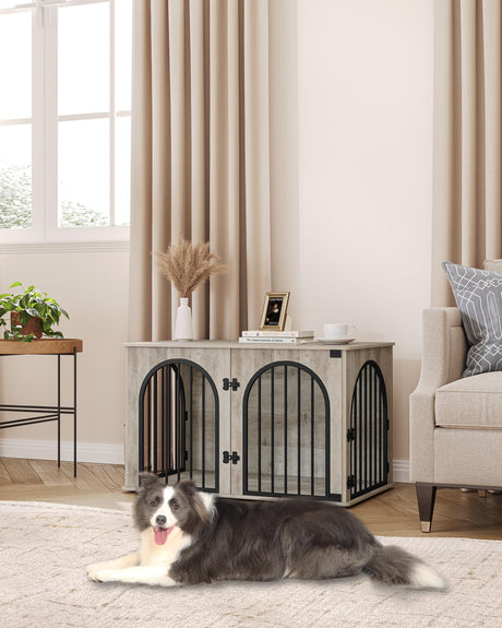 Hzuaneri 39.4'' Dog Crate Furniture, Dog Kennel Indoor Arched Door Design, Wooden Dog Crate Furniture for Small/Medium/Large Dog, Side Table, TV Stand, Anti-Chew, Anti-Escape, Greige Black Hzuaneri