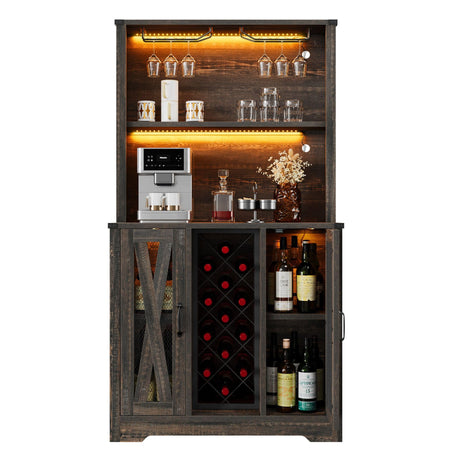 DWVO 65" Bar Cabinet with LED Lights, Home Coffee Cabinet with Wine and Glass Rack, Tall Modern Farmhouse Kitchen Buffet Sideboard with Liquor Storage Cabinets for Dining Room, Dark Rustic Oak DWVO
