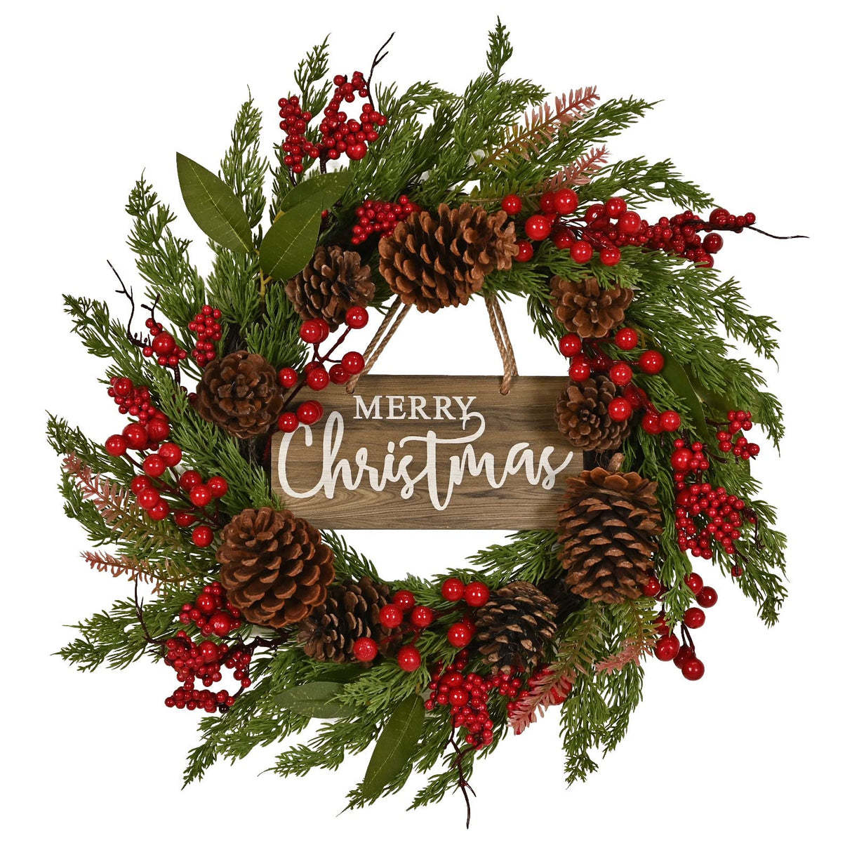 20 Inch Christmas Wreath with Pinecone Berries Christmas Decorations Front Door Wreath for Outdoor Indoor Party Wall Table Home Decor Brown Sign PGANDS